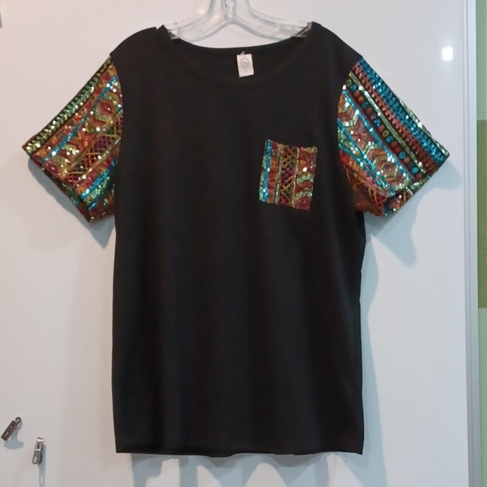 Colorful Sequin Sleeve Black Top